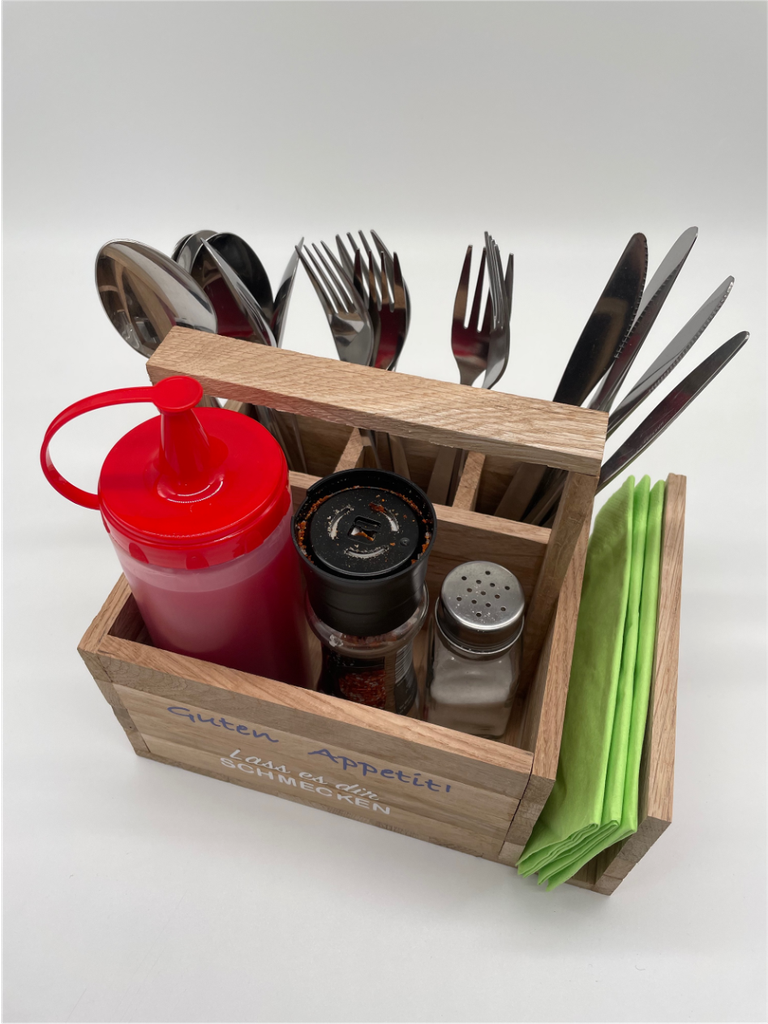 Tisch Organizer, Gewürz- und Besteckhalter gelaserter Schriftzug, Holz (Buche, Guten Appetit)