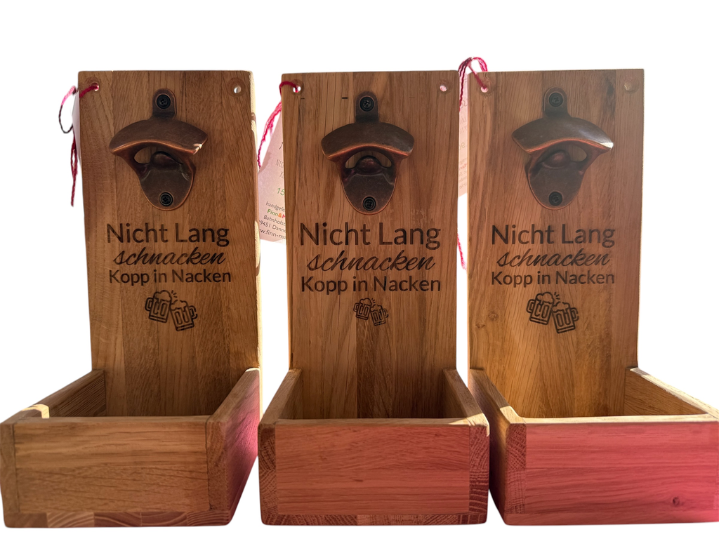 Flaschenöffner, Wand-Flaschenöffner, gelasert, personalisierbar (Nicht lang schnacken.., Nussbaum)